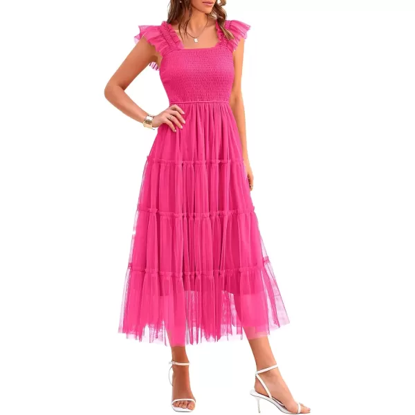 imagePRETTYGARDEN Womens 2024 Summer Midi Dress Casual Sleeveless Smocked Ruffle Tulle Flowy Beach SundressRose Red