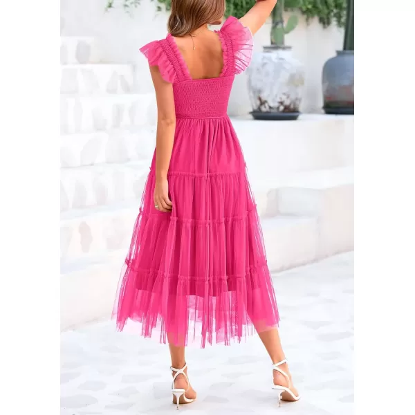imagePRETTYGARDEN Womens 2024 Summer Midi Dress Casual Sleeveless Smocked Ruffle Tulle Flowy Beach SundressRose Red