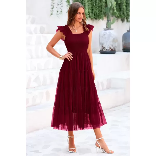 imagePRETTYGARDEN Womens 2024 Summer Midi Dress Casual Sleeveless Smocked Ruffle Tulle Flowy Beach SundressWine Red
