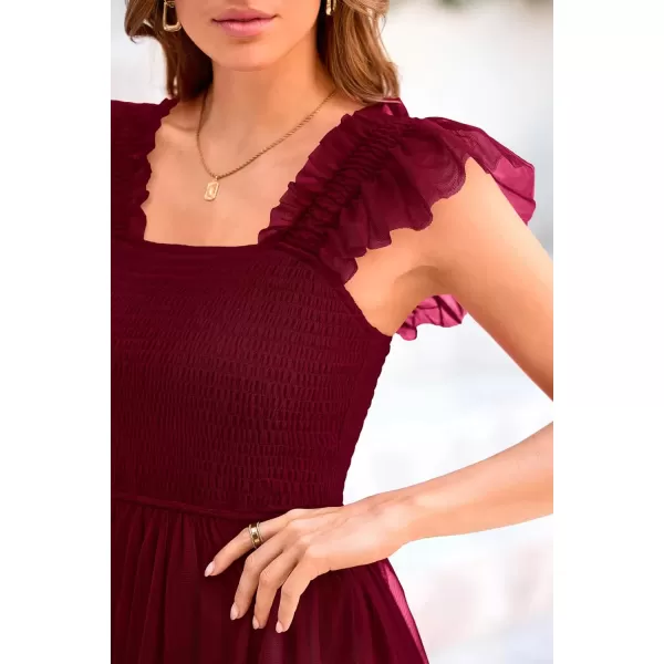 imagePRETTYGARDEN Womens 2024 Summer Midi Dress Casual Sleeveless Smocked Ruffle Tulle Flowy Beach SundressWine Red