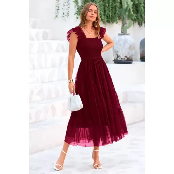 imagePRETTYGARDEN Womens 2024 Summer Midi Dress Casual Sleeveless Smocked Ruffle Tulle Flowy Beach SundressWine Red