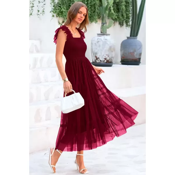 imagePRETTYGARDEN Womens 2024 Summer Midi Dress Casual Sleeveless Smocked Ruffle Tulle Flowy Beach SundressWine Red