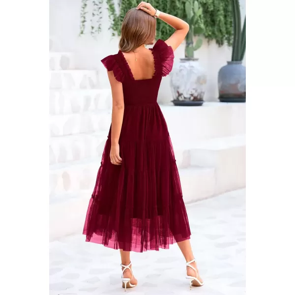 imagePRETTYGARDEN Womens 2024 Summer Midi Dress Casual Sleeveless Smocked Ruffle Tulle Flowy Beach SundressWine Red