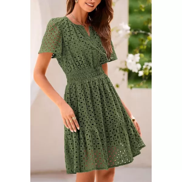 imagePRETTYGARDEN Womens 2024 Summer Short Dress V Neck Short Sleeve A Line Hollow Out Lace Ruffle Cute Casual Beach Party DressesArmy Green