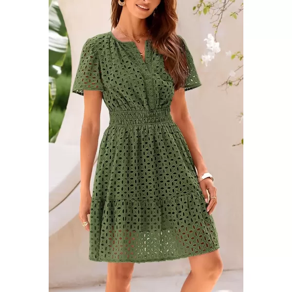 imagePRETTYGARDEN Womens 2024 Summer Short Dress V Neck Short Sleeve A Line Hollow Out Lace Ruffle Cute Casual Beach Party DressesArmy Green