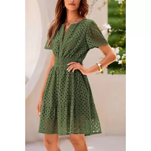 imagePRETTYGARDEN Womens 2024 Summer Short Dress V Neck Short Sleeve A Line Hollow Out Lace Ruffle Cute Casual Beach Party DressesArmy Green