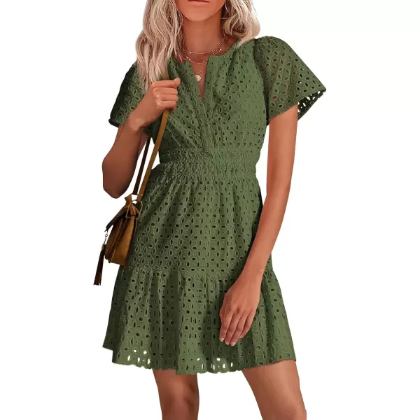 imagePRETTYGARDEN Womens 2024 Summer Short Dress V Neck Short Sleeve A Line Hollow Out Lace Ruffle Cute Casual Beach Party DressesArmy Green