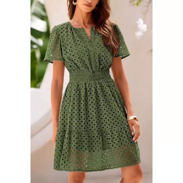 imagePRETTYGARDEN Womens 2024 Summer Short Dress V Neck Short Sleeve A Line Hollow Out Lace Ruffle Cute Casual Beach Party DressesArmy Green