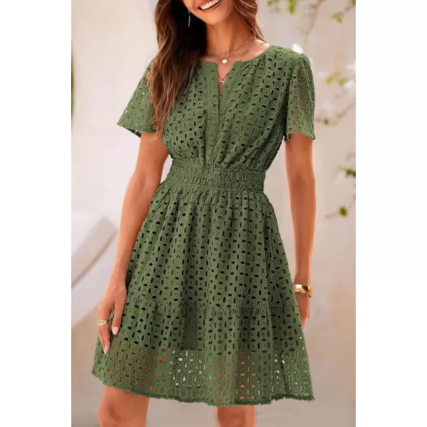 imagePRETTYGARDEN Womens 2024 Summer Short Dress V Neck Short Sleeve A Line Hollow Out Lace Ruffle Cute Casual Beach Party DressesArmy Green