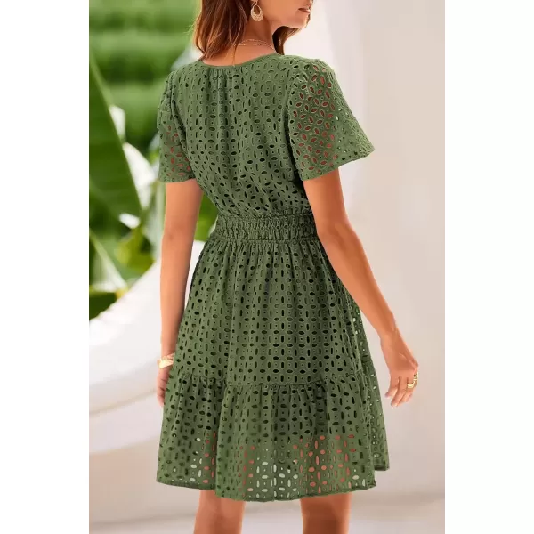 imagePRETTYGARDEN Womens 2024 Summer Short Dress V Neck Short Sleeve A Line Hollow Out Lace Ruffle Cute Casual Beach Party DressesArmy Green