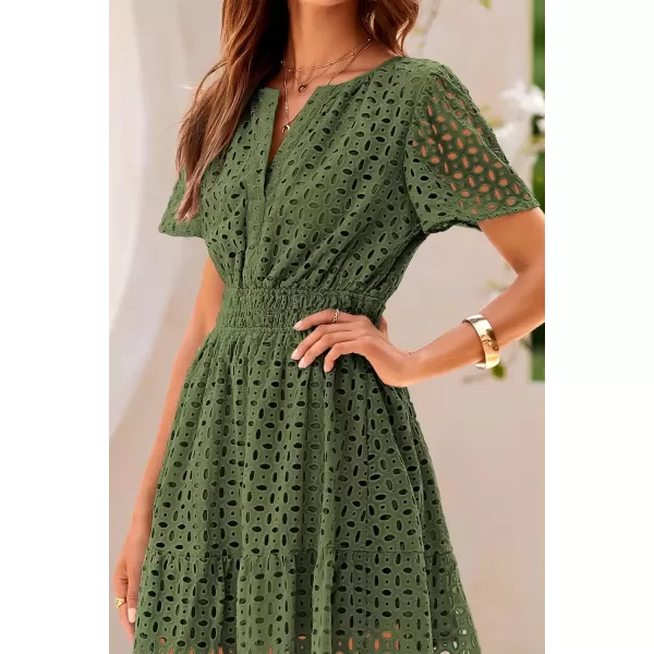imagePRETTYGARDEN Womens 2024 Summer Short Dress V Neck Short Sleeve A Line Hollow Out Lace Ruffle Cute Casual Beach Party DressesArmy Green