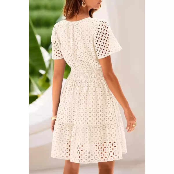 imagePRETTYGARDEN Womens 2024 Summer Short Dress V Neck Short Sleeve A Line Hollow Out Lace Ruffle Cute Casual Beach Party DressesBeige