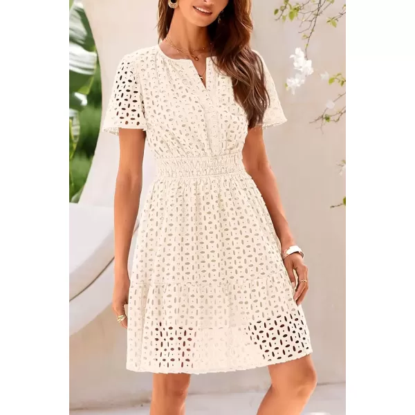 imagePRETTYGARDEN Womens 2024 Summer Short Dress V Neck Short Sleeve A Line Hollow Out Lace Ruffle Cute Casual Beach Party DressesBeige