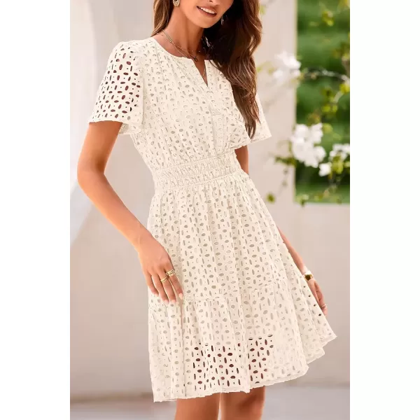 imagePRETTYGARDEN Womens 2024 Summer Short Dress V Neck Short Sleeve A Line Hollow Out Lace Ruffle Cute Casual Beach Party DressesBeige