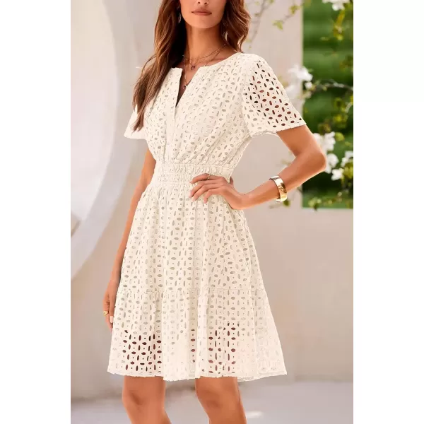 imagePRETTYGARDEN Womens 2024 Summer Short Dress V Neck Short Sleeve A Line Hollow Out Lace Ruffle Cute Casual Beach Party DressesBeige