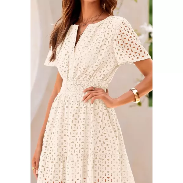 imagePRETTYGARDEN Womens 2024 Summer Short Dress V Neck Short Sleeve A Line Hollow Out Lace Ruffle Cute Casual Beach Party DressesBeige