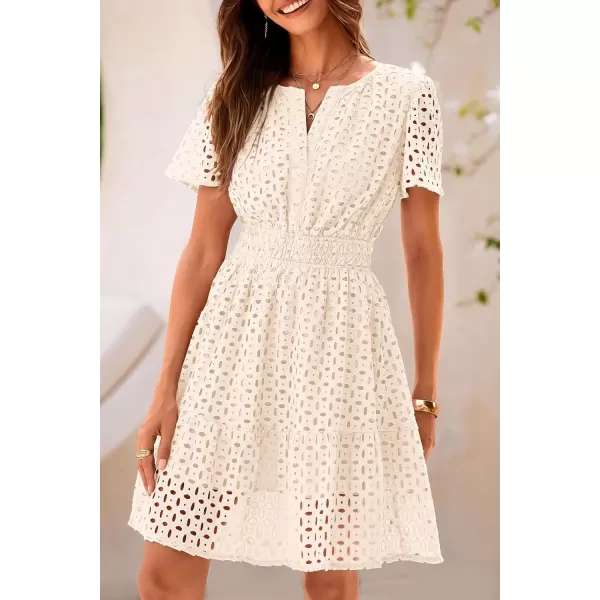 imagePRETTYGARDEN Womens 2024 Summer Short Dress V Neck Short Sleeve A Line Hollow Out Lace Ruffle Cute Casual Beach Party DressesBeige