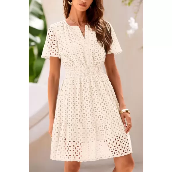imagePRETTYGARDEN Womens 2024 Summer Short Dress V Neck Short Sleeve A Line Hollow Out Lace Ruffle Cute Casual Beach Party DressesBeige
