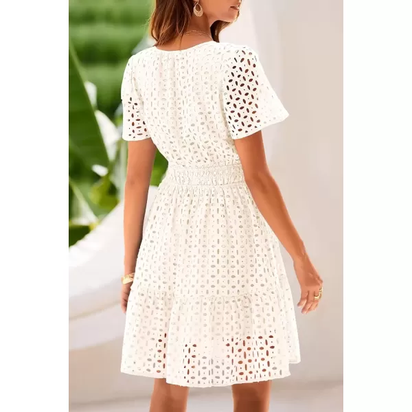 imagePRETTYGARDEN Womens 2024 Summer Short Dress V Neck Short Sleeve A Line Hollow Out Lace Ruffle Cute Casual Beach Party DressesBeige White