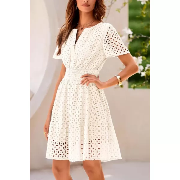 imagePRETTYGARDEN Womens 2024 Summer Short Dress V Neck Short Sleeve A Line Hollow Out Lace Ruffle Cute Casual Beach Party DressesBeige White