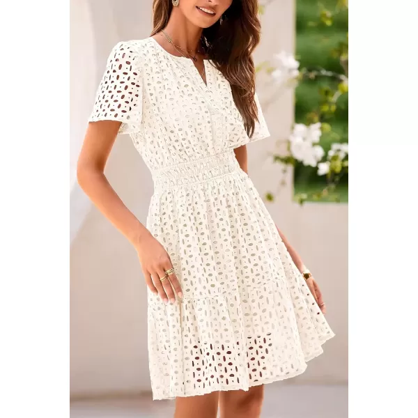 imagePRETTYGARDEN Womens 2024 Summer Short Dress V Neck Short Sleeve A Line Hollow Out Lace Ruffle Cute Casual Beach Party DressesBeige White