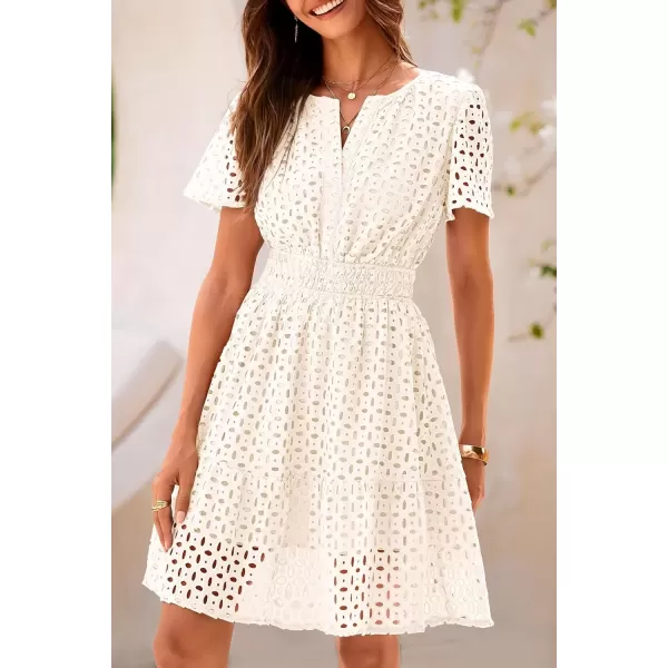 imagePRETTYGARDEN Womens 2024 Summer Short Dress V Neck Short Sleeve A Line Hollow Out Lace Ruffle Cute Casual Beach Party DressesBeige White