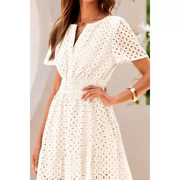 imagePRETTYGARDEN Womens 2024 Summer Short Dress V Neck Short Sleeve A Line Hollow Out Lace Ruffle Cute Casual Beach Party DressesBeige White