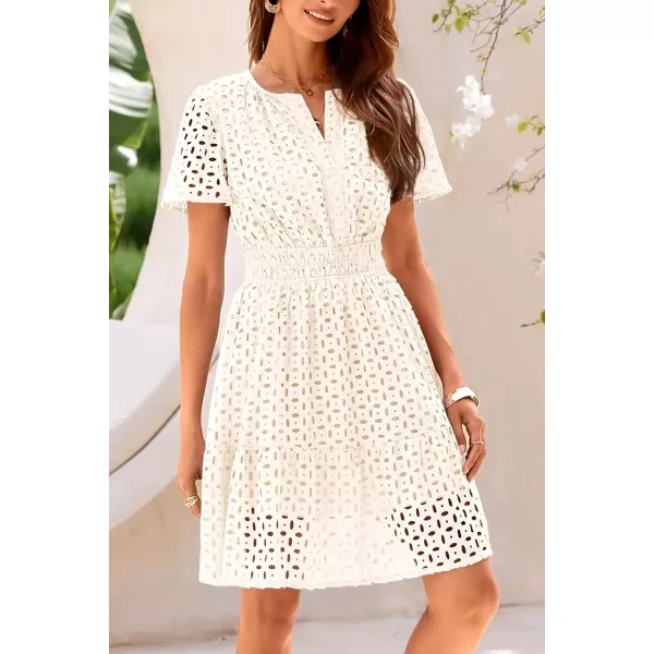 imagePRETTYGARDEN Womens 2024 Summer Short Dress V Neck Short Sleeve A Line Hollow Out Lace Ruffle Cute Casual Beach Party DressesBeige White