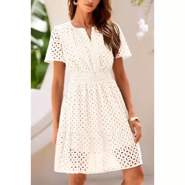 imagePRETTYGARDEN Womens 2024 Summer Short Dress V Neck Short Sleeve A Line Hollow Out Lace Ruffle Cute Casual Beach Party DressesBeige White