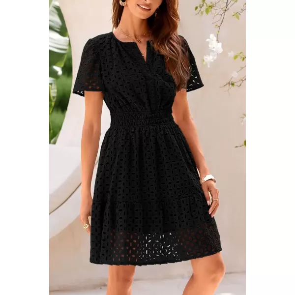 imagePRETTYGARDEN Womens 2024 Summer Short Dress V Neck Short Sleeve A Line Hollow Out Lace Ruffle Cute Casual Beach Party DressesBlack