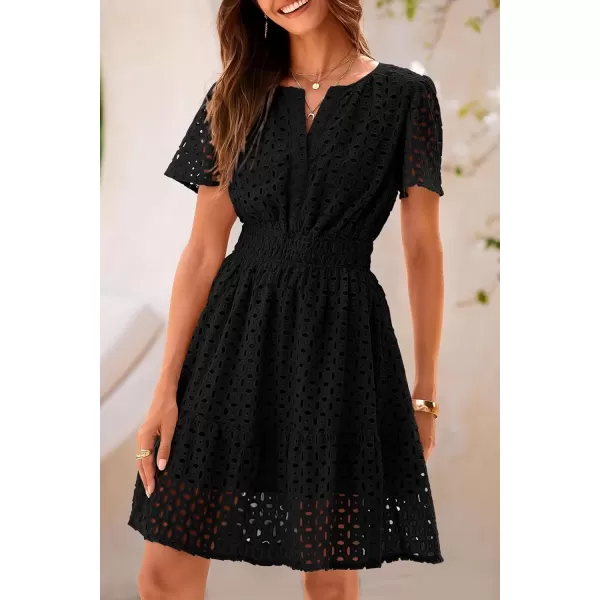 imagePRETTYGARDEN Womens 2024 Summer Short Dress V Neck Short Sleeve A Line Hollow Out Lace Ruffle Cute Casual Beach Party DressesBlack
