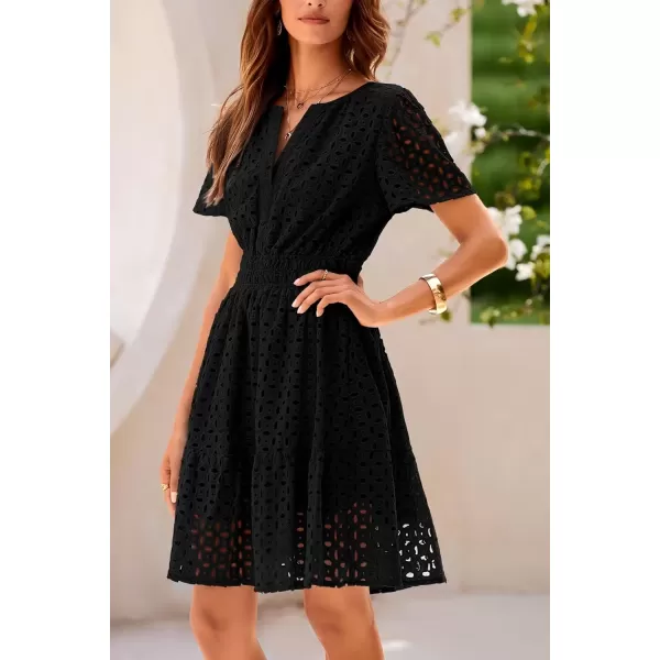 imagePRETTYGARDEN Womens 2024 Summer Short Dress V Neck Short Sleeve A Line Hollow Out Lace Ruffle Cute Casual Beach Party DressesBlack