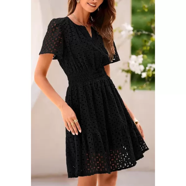 imagePRETTYGARDEN Womens 2024 Summer Short Dress V Neck Short Sleeve A Line Hollow Out Lace Ruffle Cute Casual Beach Party DressesBlack