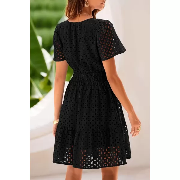 imagePRETTYGARDEN Womens 2024 Summer Short Dress V Neck Short Sleeve A Line Hollow Out Lace Ruffle Cute Casual Beach Party DressesBlack
