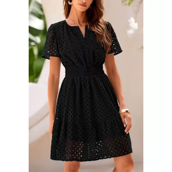 imagePRETTYGARDEN Womens 2024 Summer Short Dress V Neck Short Sleeve A Line Hollow Out Lace Ruffle Cute Casual Beach Party DressesBlack