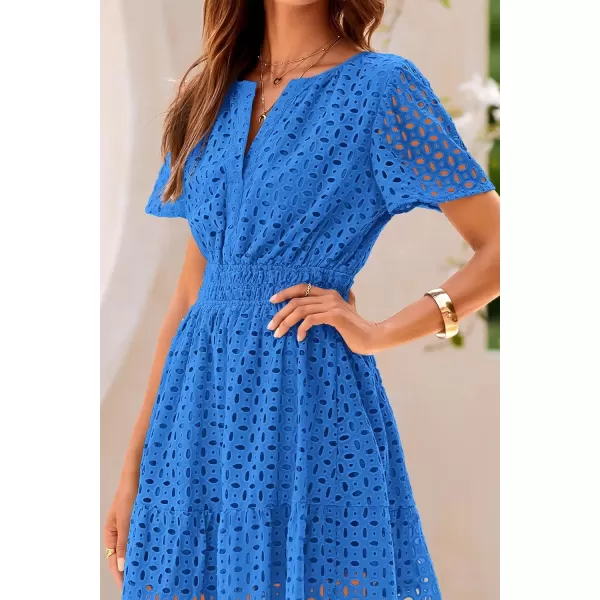 imagePRETTYGARDEN Womens 2024 Summer Short Dress V Neck Short Sleeve A Line Hollow Out Lace Ruffle Cute Casual Beach Party DressesBlue