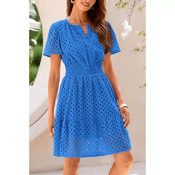 imagePRETTYGARDEN Womens 2024 Summer Short Dress V Neck Short Sleeve A Line Hollow Out Lace Ruffle Cute Casual Beach Party DressesBlue