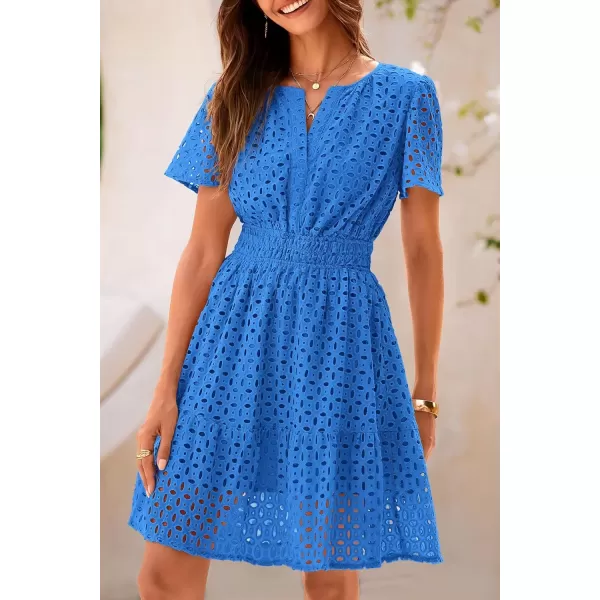 imagePRETTYGARDEN Womens 2024 Summer Short Dress V Neck Short Sleeve A Line Hollow Out Lace Ruffle Cute Casual Beach Party DressesBlue