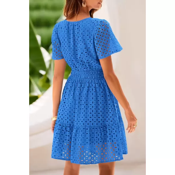 imagePRETTYGARDEN Womens 2024 Summer Short Dress V Neck Short Sleeve A Line Hollow Out Lace Ruffle Cute Casual Beach Party DressesBlue