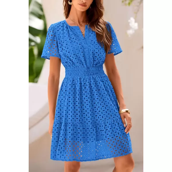 imagePRETTYGARDEN Womens 2024 Summer Short Dress V Neck Short Sleeve A Line Hollow Out Lace Ruffle Cute Casual Beach Party DressesBlue
