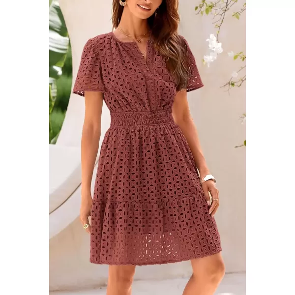 imagePRETTYGARDEN Womens 2024 Summer Short Dress V Neck Short Sleeve A Line Hollow Out Lace Ruffle Cute Casual Beach Party DressesBrown Red