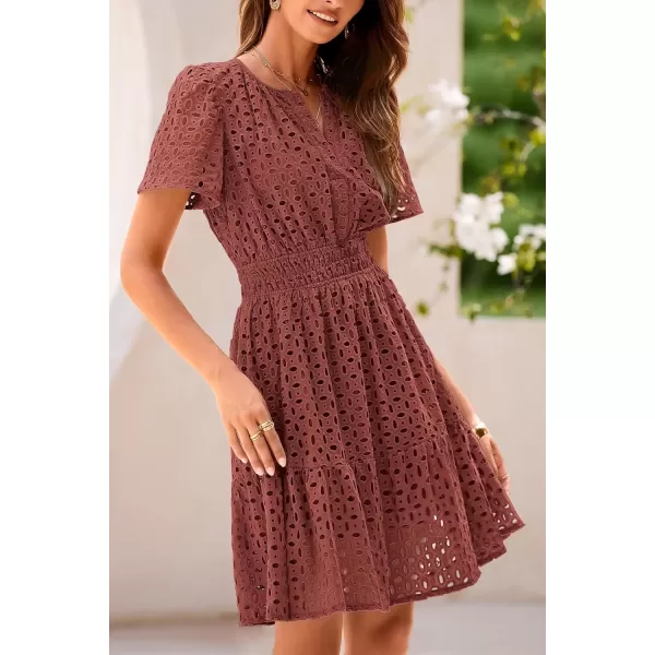 imagePRETTYGARDEN Womens 2024 Summer Short Dress V Neck Short Sleeve A Line Hollow Out Lace Ruffle Cute Casual Beach Party DressesBrown Red