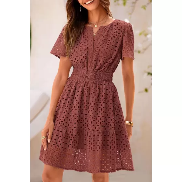 imagePRETTYGARDEN Womens 2024 Summer Short Dress V Neck Short Sleeve A Line Hollow Out Lace Ruffle Cute Casual Beach Party DressesBrown Red