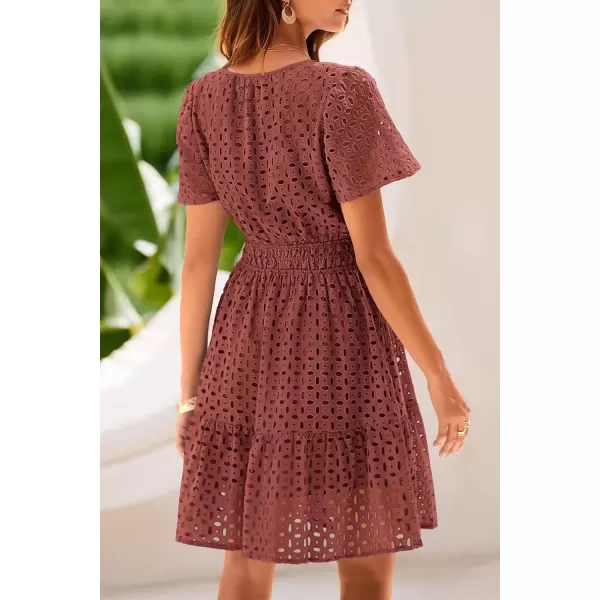 imagePRETTYGARDEN Womens 2024 Summer Short Dress V Neck Short Sleeve A Line Hollow Out Lace Ruffle Cute Casual Beach Party DressesBrown Red