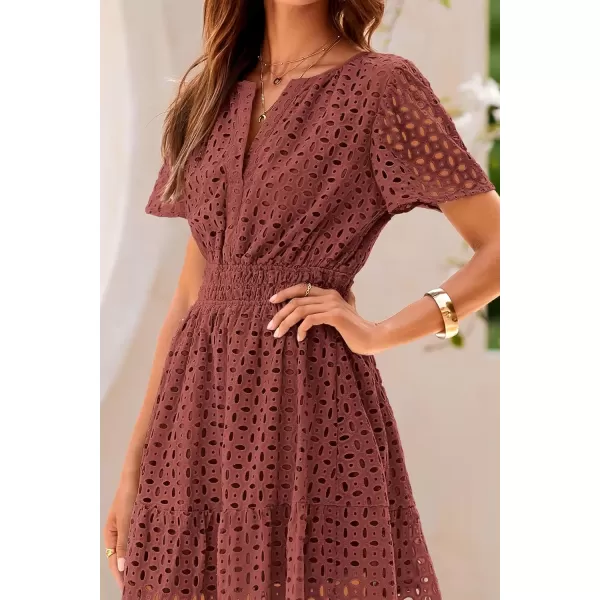 imagePRETTYGARDEN Womens 2024 Summer Short Dress V Neck Short Sleeve A Line Hollow Out Lace Ruffle Cute Casual Beach Party DressesBrown Red