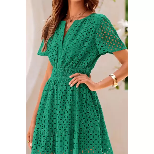 imagePRETTYGARDEN Womens 2024 Summer Short Dress V Neck Short Sleeve A Line Hollow Out Lace Ruffle Cute Casual Beach Party DressesDark Green