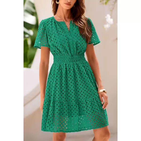imagePRETTYGARDEN Womens 2024 Summer Short Dress V Neck Short Sleeve A Line Hollow Out Lace Ruffle Cute Casual Beach Party DressesDark Green