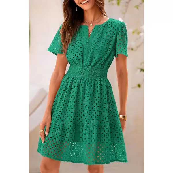 imagePRETTYGARDEN Womens 2024 Summer Short Dress V Neck Short Sleeve A Line Hollow Out Lace Ruffle Cute Casual Beach Party DressesDark Green
