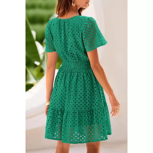 imagePRETTYGARDEN Womens 2024 Summer Short Dress V Neck Short Sleeve A Line Hollow Out Lace Ruffle Cute Casual Beach Party DressesDark Green