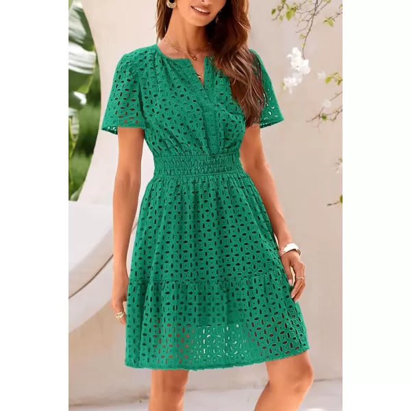 imagePRETTYGARDEN Womens 2024 Summer Short Dress V Neck Short Sleeve A Line Hollow Out Lace Ruffle Cute Casual Beach Party DressesDark Green